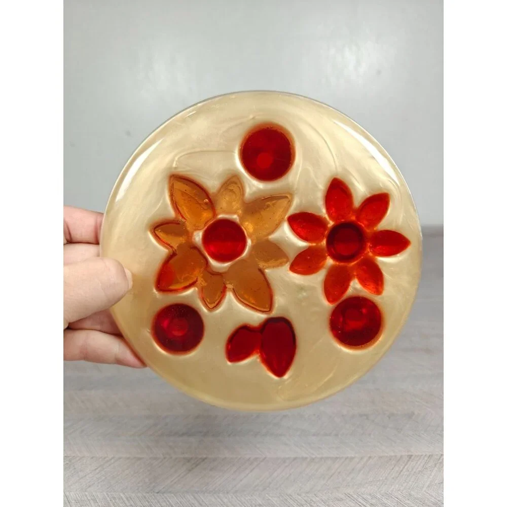 Vintage House Of Mosaics Plastic Trivet Red Orange Floral MCM Design Handcrafted